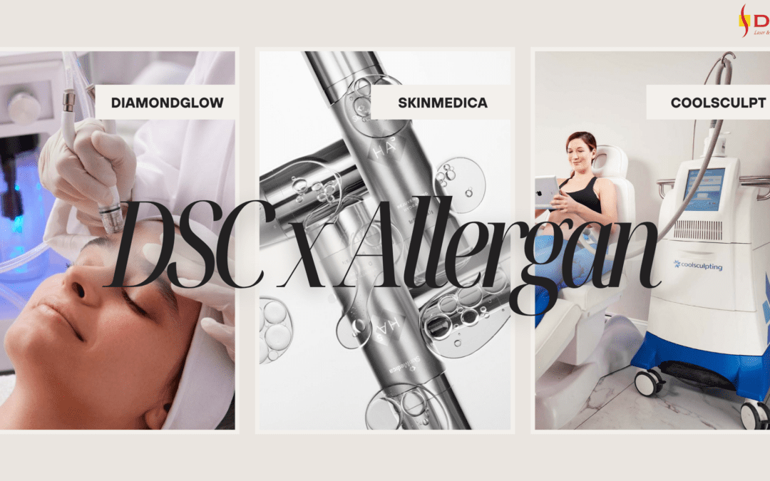 DSC and Allergan August 5 2023 Event Blog Banner depicting DiamondGlow handpiece on face, SkinMedica HA5 bottles, and Coolsculpting on woman's body images from left to right with overlaid text "DSC x Allergan"