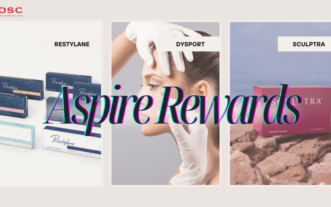 DSC Aspire Rewards Blog Banner featuring images of Restylane dermal fillers, Dysport, and Sculptra injectables from left to right with the text "Aspire Rewards" overlaid in the center